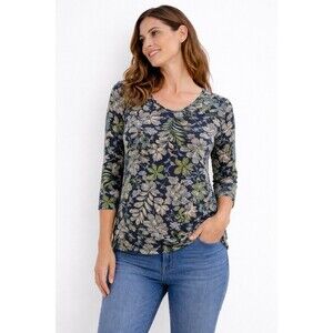 St Johns Bay Floral Top Women L Blue Green 3/4 Sleeve Casual Stretch